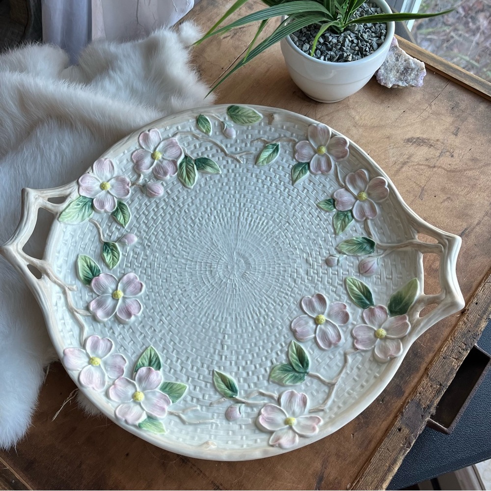 Vintage Fitz and Floyd 1990 Pink Flower Two Handled Serving Tray Platter Dish